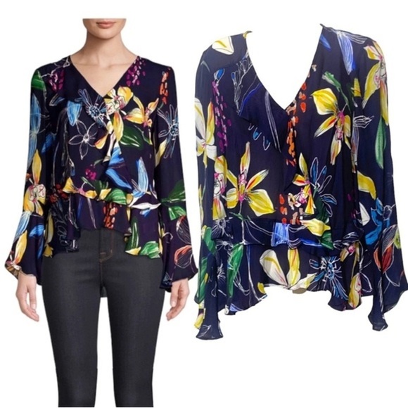 Parker Gardenia Nights Navy Floral silk blend blouse ruffle peplum detailing - Picture 7 of 10